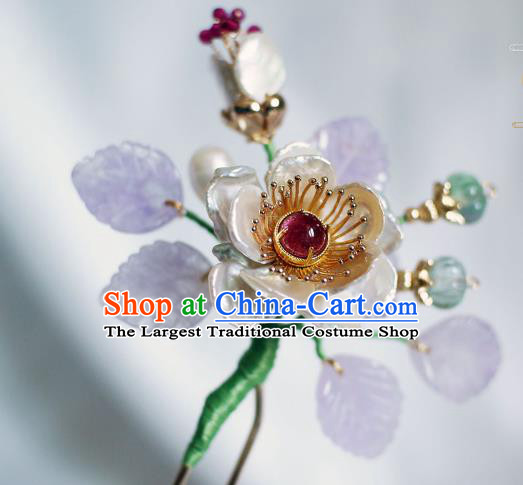 Chinese Ancient Imperial Concubine Shell Peony Hairpin Traditional Ming Dynasty Amethyst Leaf Hair Stick