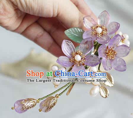 Chinese Ancient Princess Amethyst Grandiflorum Hairpin Traditional Ming Dynasty Pearls Hair Stick