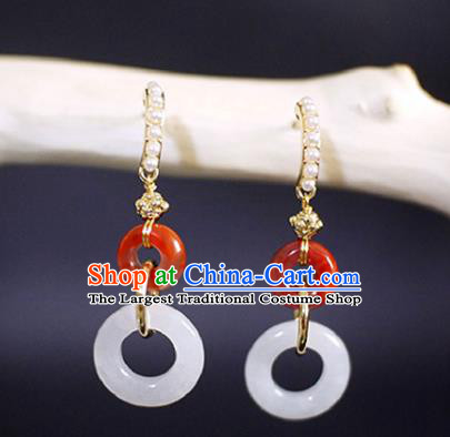 China Handmade Agate Earrings Traditional Cheongsam Jade Peace Buckle Ear Jewelry