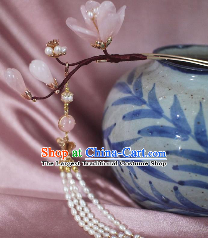 Chinese Ancient Court Beauty Rose Quartz Mangnolia Hairpin Traditional Ming Dynasty Pearls Tassel Hair Stick