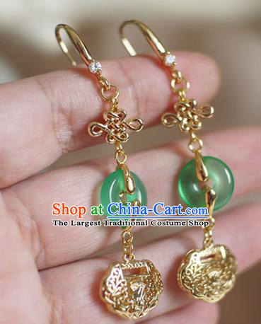 China Handmade Jade Peace Buckle Earrings Traditional Ming Dynasty Golden Lock Ear Jewelry