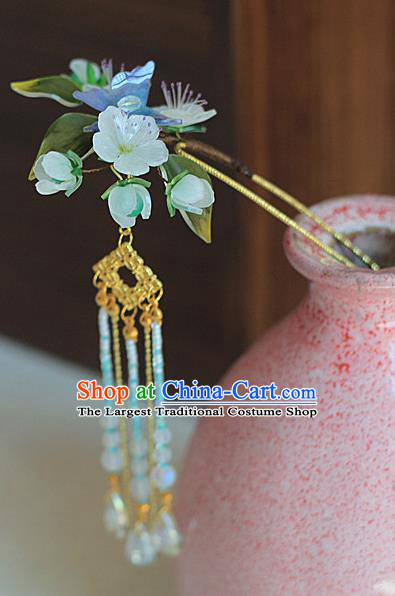 Chinese Ancient Palace Lady Beads Tassel Hairpin Traditional Ming Dynasty Pear Blossom Hair Stick