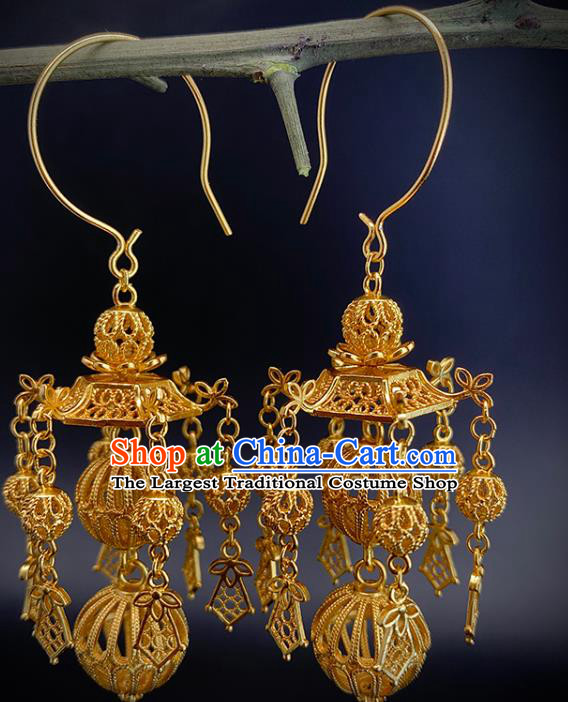 China Handmade Ancient Empress Earrings Traditional Ming Dynasty Golden Lantern Ear Jewelry