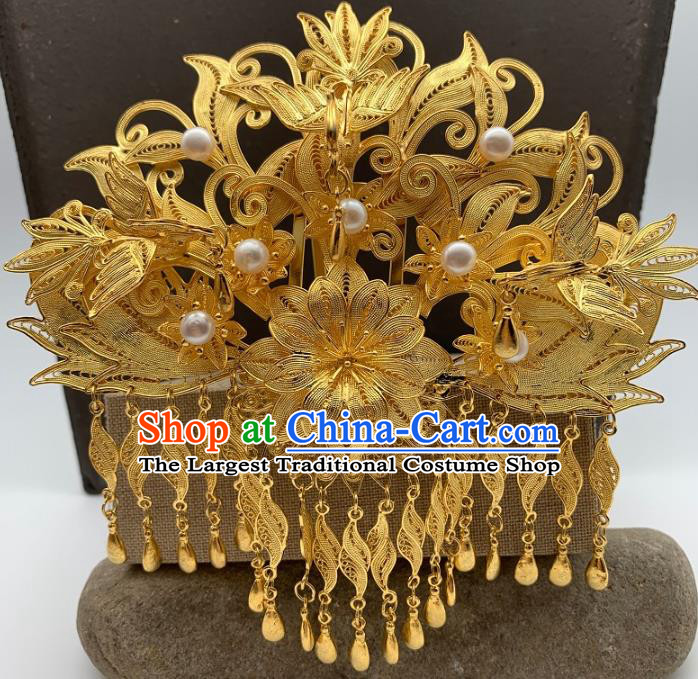 Chinese Ancient Queen Phoenix Coronet Traditional Ming Dynasty Golden Peony Tassel Hair Crown