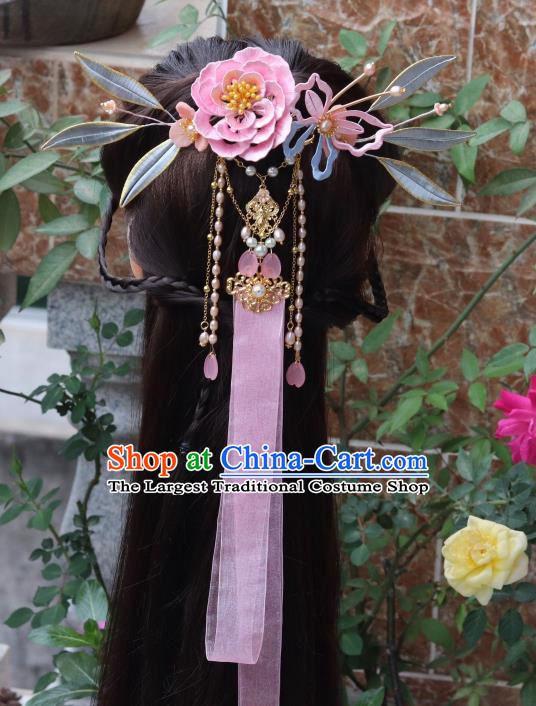 Chinese Ancient Young Beauty Ribbon Tassel Hairpin Traditional Ming Dynasty Princess Pink Silk Peony Hair Claw