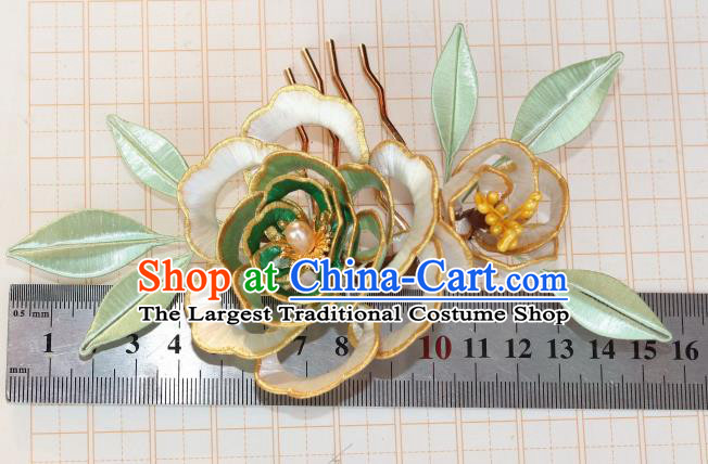 Chinese Ancient Palace Lady Hairpin Traditional Ming Dynasty Green Silk Peony Hair Comb