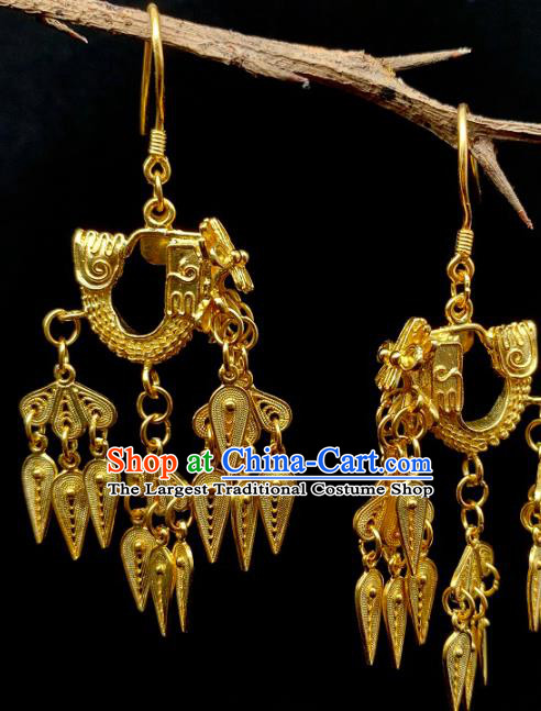 China Handmade Ancient Queen Earrings Traditional Ming Dynasty Golden Dragon Head Ear Jewelry