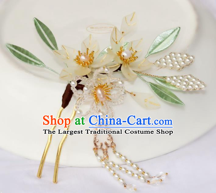 Chinese Ancient Court Woman Pear Blossom Hairpin Traditional Ming Dynasty Pearls Tassel Hair Stick