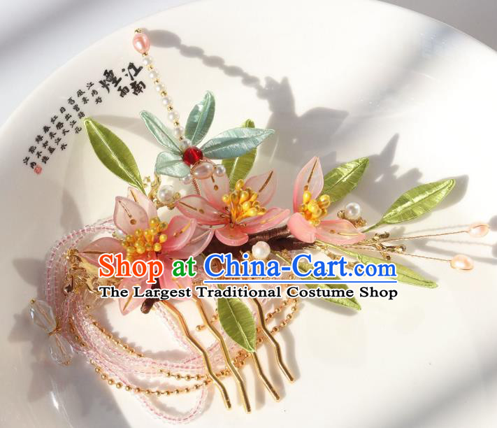 Chinese Ancient Hanfu Beads Tassel Hairpin Traditional Ming Dynasty Pink Flowers Hair Comb