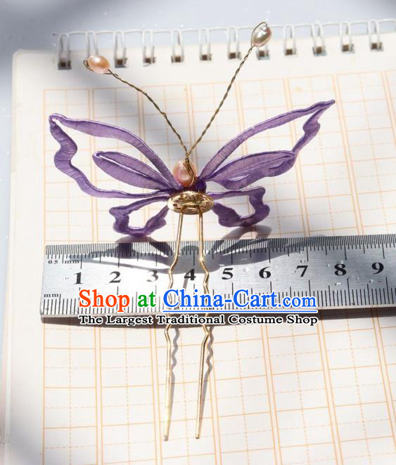 Chinese Handmade Hanfu Pearls Hairpin Ancient Princess Purple Silk Butterfly Hair Stick