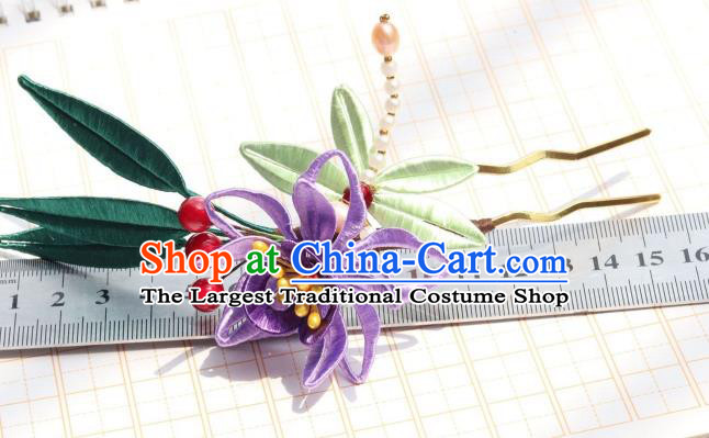 Chinese Ancient Princess Purple Silk Flower Hair Stick Handmade Song Dynasty Court Pearls Hairpin