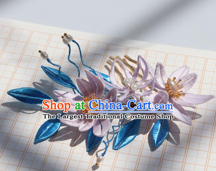 Chinese Ancient Court Lady Lilac Silk Epiphyllum Hair Comb Handmade Song Dynasty Princess Pearls Hairpin