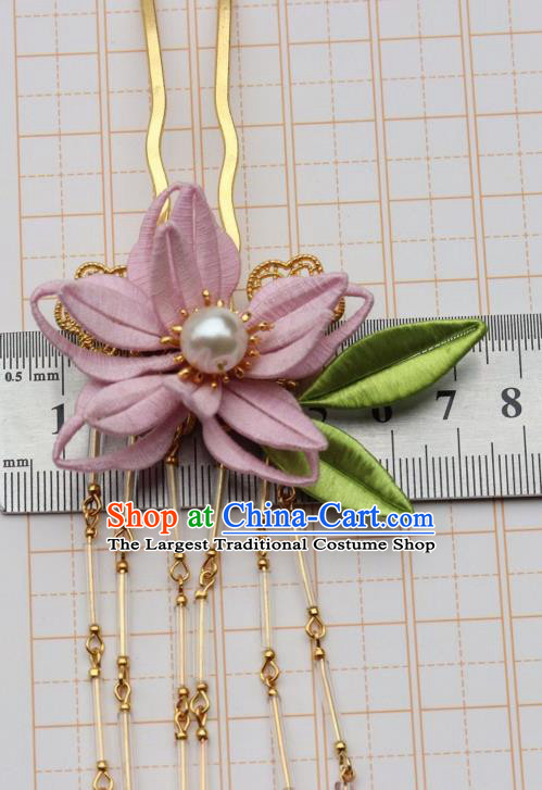 Chinese Handmade Hanfu Tassel Hair Stick Ancient Ming Dynasty Princess Pink Silk Epiphyllum Hairpin