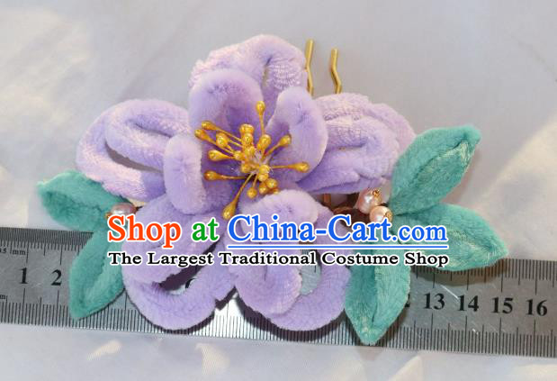 Chinese Ancient Hanfu Pearls Hairpin Traditional Ming Dynasty Princess Violet Velvet Hibiscus Hair Stick