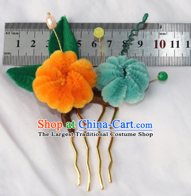 Chinese Ancient Court Hairpin Traditional Ming Dynasty Princess Velvet Chrysanthemum Hair Comb