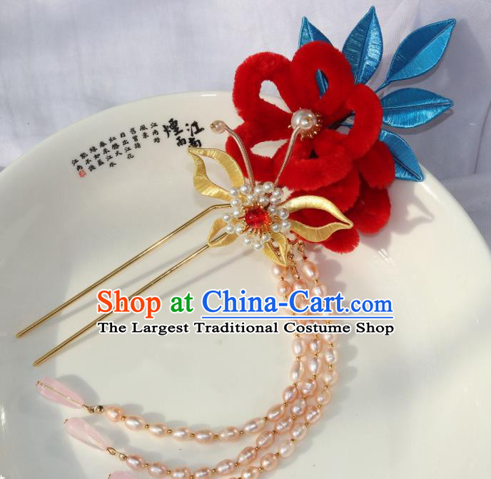 Chinese Ancient Young Lady Red Velvet Flower Hairpin Traditional Ming Dynasty Princess Pearls Tassel Hair Clip