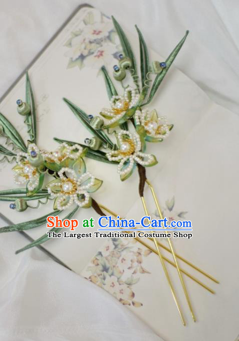 Chinese Handmade Silk Bamboo Leaf Hair Stick Ancient Ming Dynasty Princess Beads Plum Blossom Hairpin