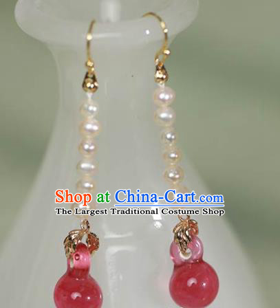 China Handmade National Pearls Earrings Traditional Cheongsam Pink Colored Glaze Ear Jewelry