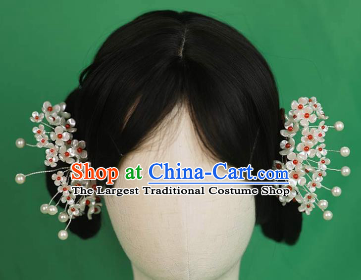 Chinese Handmade Shell Flowers Hairpin Ancient Qing Dynasty Noble Woman Pearls Hair Stick