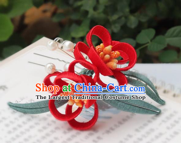 Chinese Handmade Hanfu Hair Stick Ancient Ming Dynasty Princess Red Flowers Hairpin