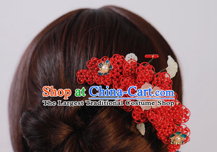 Chinese Traditional Qing Dynasty Red Beads Hair Stick Ancient Empress Jade Butterfly Hairpin