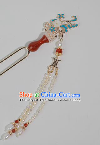 Chinese Ancient Empress Pearls Tassel Hairpin Traditional Qing Dynasty Agate Vase Hair Stick