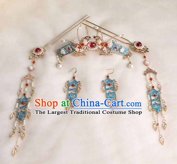 Chinese Ancient Princess Tassel Hairpins Traditional Ming Dynasty Cloisonne Hair Accessories Full Set