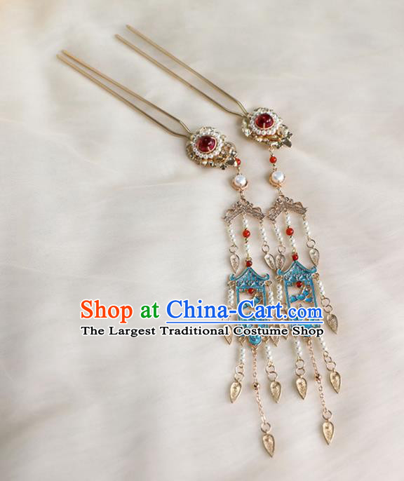 Chinese Ancient Princess Pearls Tassel Hairpin Traditional Ming Dynasty Cloisonne Hair Stick