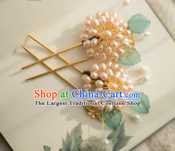 Chinese Handmade Pearls Chrysanthemum Hair Stick Ancient Ming Dynasty Princess Hairpin