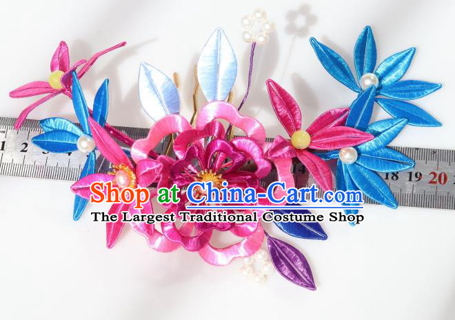 Chinese Ancient Princess Rosy Silk Peony Hairpin Traditional Hanfu Pearls Hair Comb