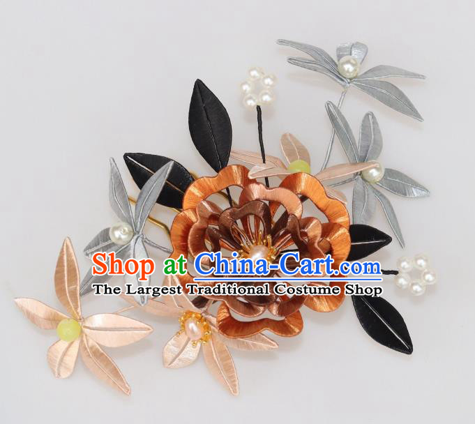 Chinese Traditional Hanfu Song Dynasty Hair Comb Ancient Princess Brown Silk Peony Hairpin