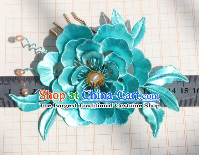 Chinese Ancient Court Princess Hairpin Traditional Ming Dynasty Blue Silk Peony Hair Comb Headpiece