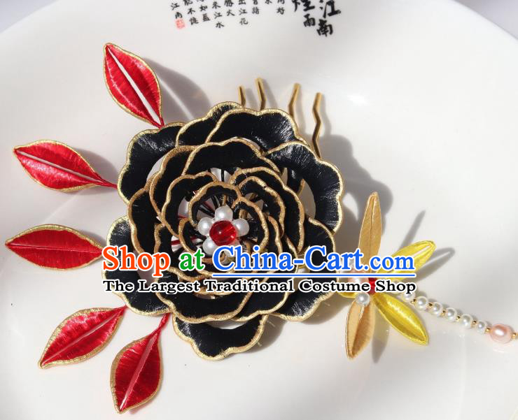 Chinese Traditional Ming Dynasty Black Silk Peony Hair Comb Headwear Ancient Princess Pearls Dragonfly Hairpin