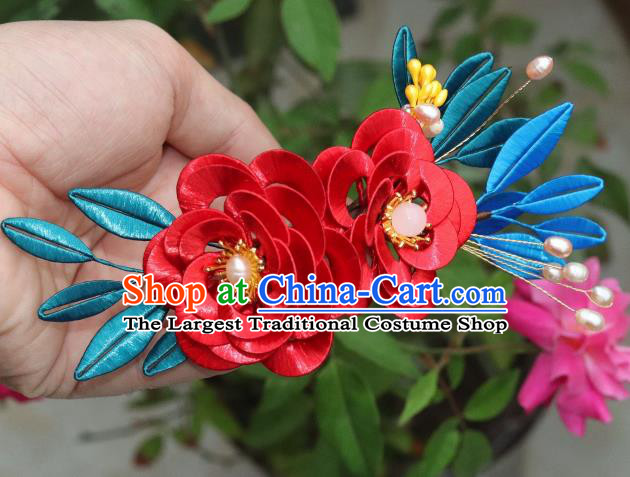 Chinese Ancient Young Lady Red Silk Camellia Hairpin Traditional Song Dynasty Wedding Hair Stick