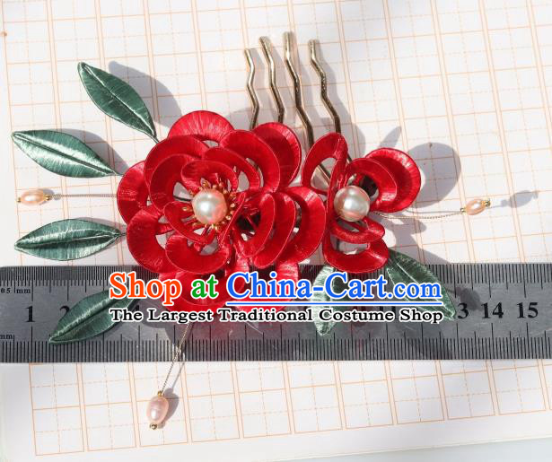 Chinese Ancient Princess Red Silk Peony Hairpin Traditional Ming Dynasty Wedding Bride Pearls Hair Stick