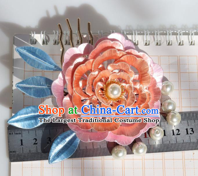 Chinese Ancient Imperial Concubine Hairpin Traditional Tang Dynasty Court Lady Pink Peony Hair Comb