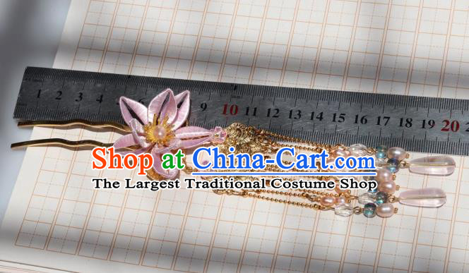 Chinese Ancient Infanta Pink Peach Blossom Hairpin Handmade Ming Dynasty Princess Tassel Hair Stick