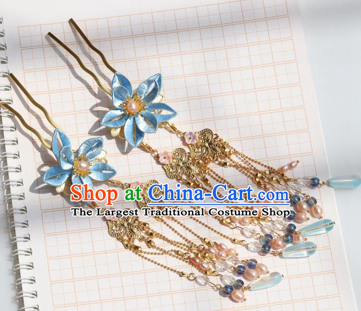 Chinese Handmade Ming Dynasty Princess Tassel Hair Stick Ancient Royal Infanta Blue Peach Blossom Hairpin