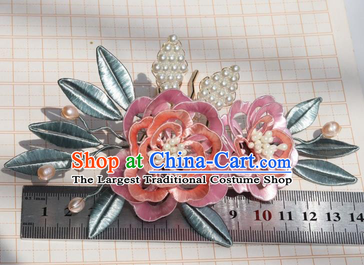 Chinese Traditional Ming Dynasty Pink Silk Peony Hairpin Ancient Princess Pearls Hair Comb