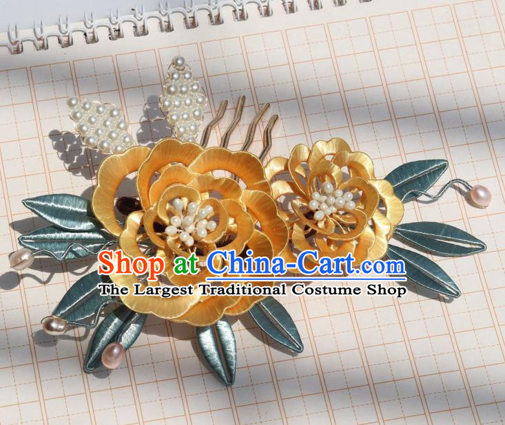 Chinese Ancient Palace Lady Pearls Hair Comb Traditional Ming Dynasty Yellow Silk Peony Hairpin