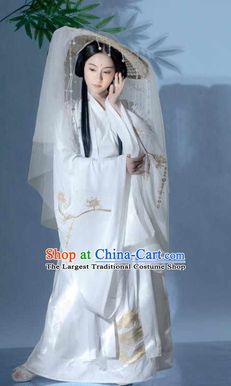 China Ancient Swordswoman White Hanfu Dress Clothing Traditional Jin Dynasty Princess Historical Costumes and Hat