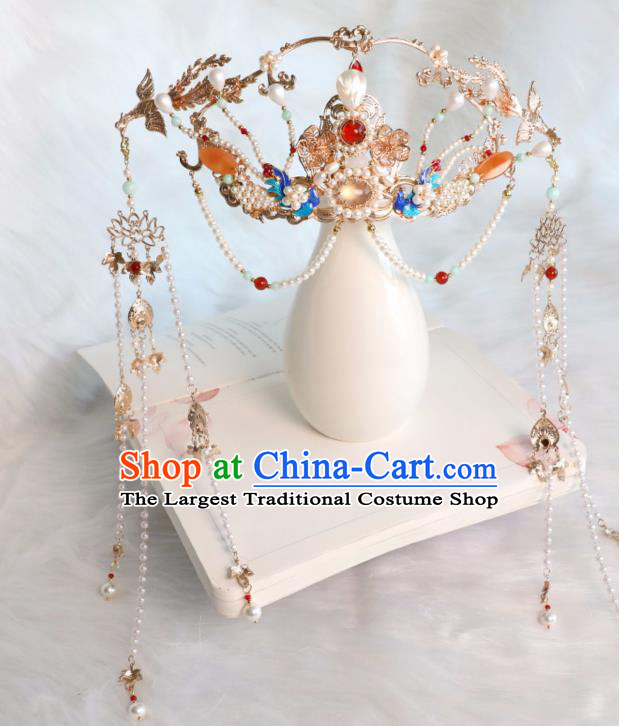 Chinese Ancient Court Lady Tassel Hair Crown Traditional Ming Dynasty Princess Pearls Phoenix Coronet