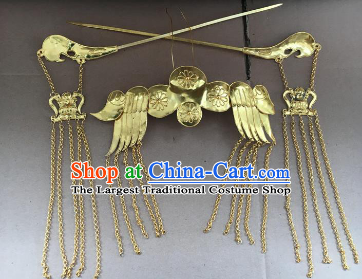 Chinese Ancient Bride Wedding Hairpins Traditional Ming Dynasty Empress Golden Tassel Hair Crown