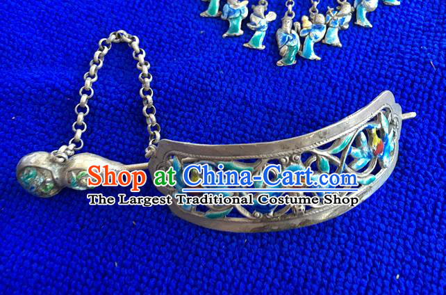 Chinese Ancient Imperial Consort Cloisonne Tassel Hairpin Traditional Qing Dynasty Silver Carving Bat Hair Crown