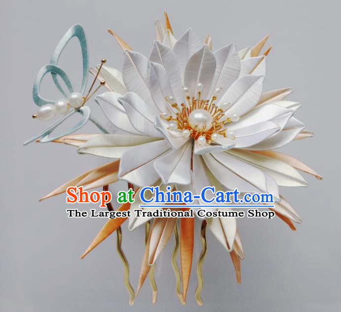 Chinese Traditional Song Dynasty Palace Hairpin Hair Accessories Ancient Princess White Silk Epiphyllum Hair Comb