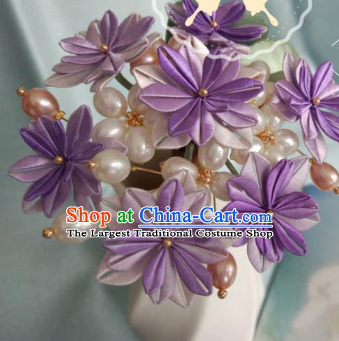 Chinese Ancient Princess Pearls Hair Stick Song Dynasty Hair Accessories Traditional Purple Silk Hydrangea Hairpin