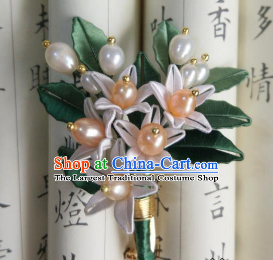 Chinese Traditional Silk Flowers Hairpin Song Dynasty Hair Accessories Ancient Princess Pearls Hair Stick