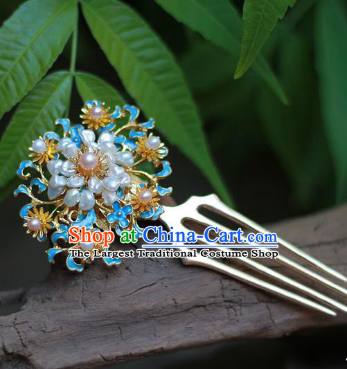 Chinese Ancient Empress Blueing Hairpin Traditional Ming Dynasty Hanfu Pearls Hair Comb