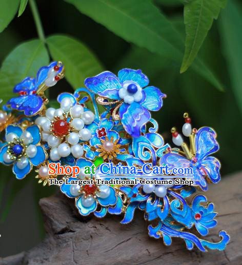 Chinese Ancient Empress Pearls Hairpin Traditional Ming Dynasty Hanfu Blueing Butterfly Hair Crown