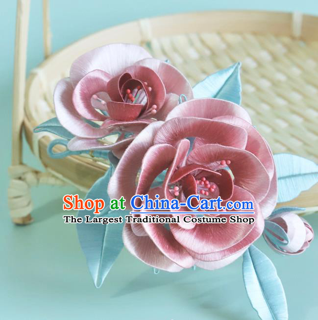 Chinese Traditional Hanfu Pink Silk Rose Hairpin Hair Accessories Ancient Princess Hair Stick